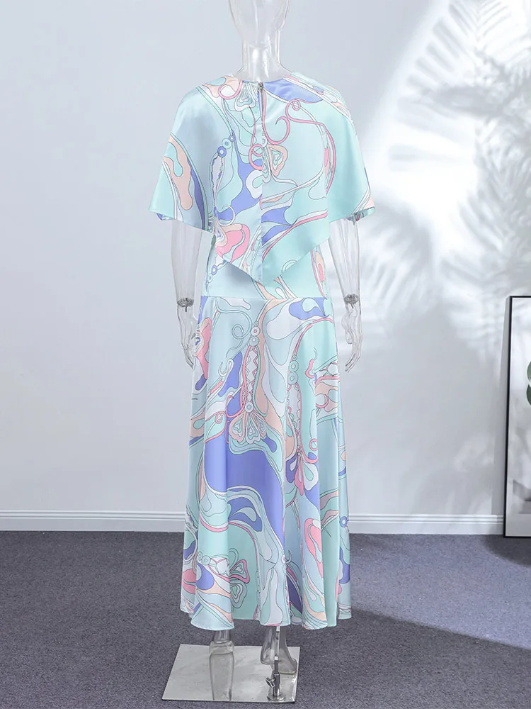 Bedruckter Cape-Langrock-Anzug für Damen, elegante Oberteile mit O-Ausschnitt und unregelmäßigem Saum, A-Linien-Röcke mit hoher Taille, schicke Partykleidung für Damen, neue Strandkleidung – Detail 3