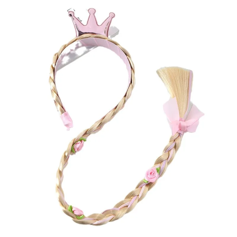 Princess Crown Flower Weaving Braid Girls Elsa Coplay Long Braid Wig Headband Queen Crown Pink Yellow Hairpin Wig Kids Hair Rope