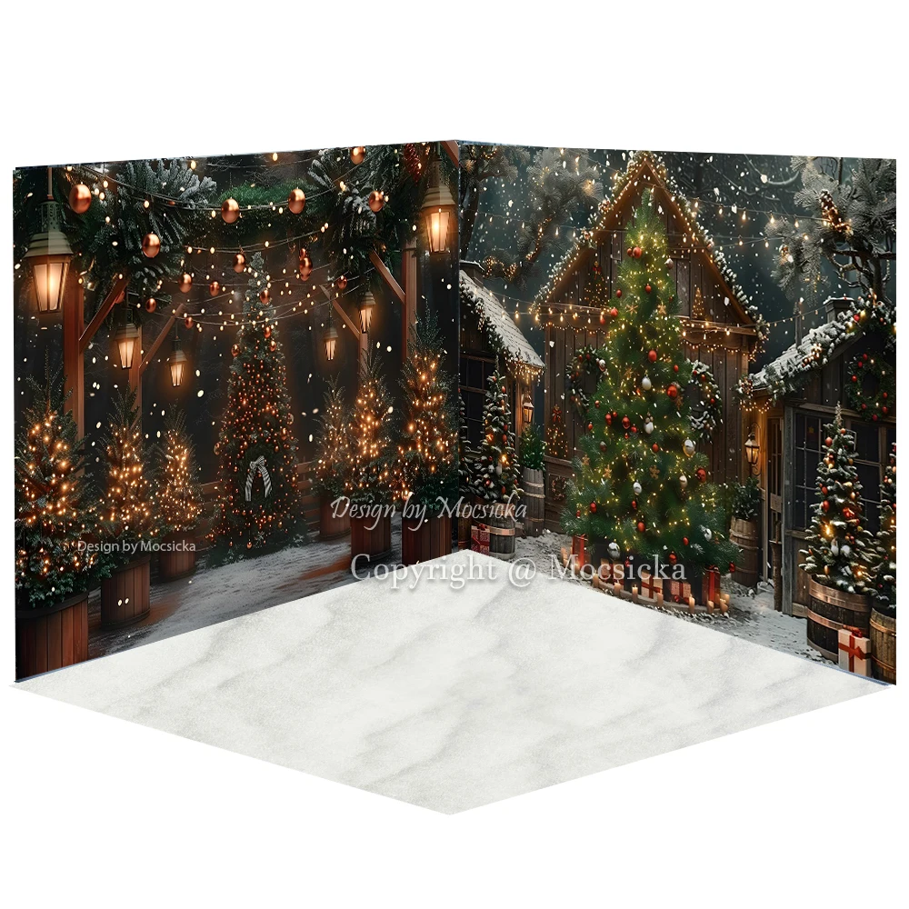 Christmas Tree Farm Photography Background Snowy Night Wooden House Glitter Lights Background Decor Children Family Photo Studio