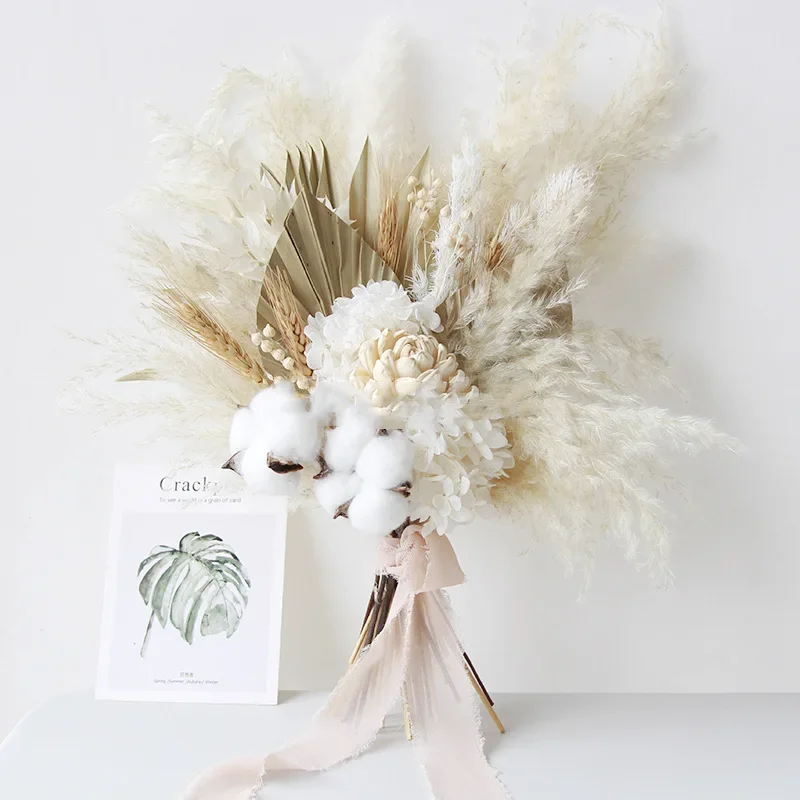 Bridal Flower Bouquet Wedding Dried Flowers Fluffy Pampas Arrangement Natural Palm Leaves Cotton Flower Boho Home Decoration