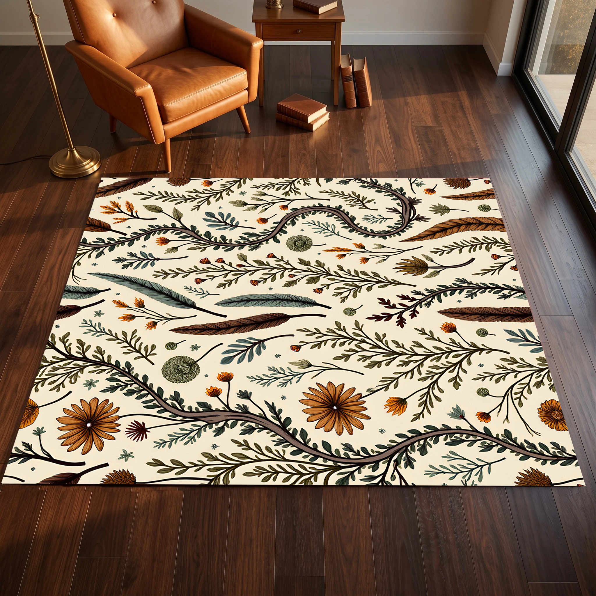 Warm-Toned Autumn Floral and Leaf Print Retro Forest-Style Velvet Rug, Suitable for Bedrooms and Living Rooms, Creating a Soft and Warm Autumn Harvest Atmosphere