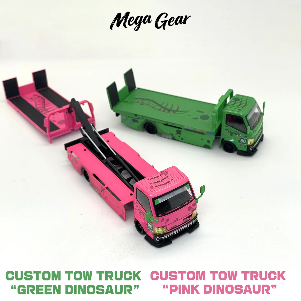 mega-gear-1-64-h300-custom-tow-truck-pink-green-dinosaur-rexy-roxy-flatbed-transporter-diecast-model-in-stock