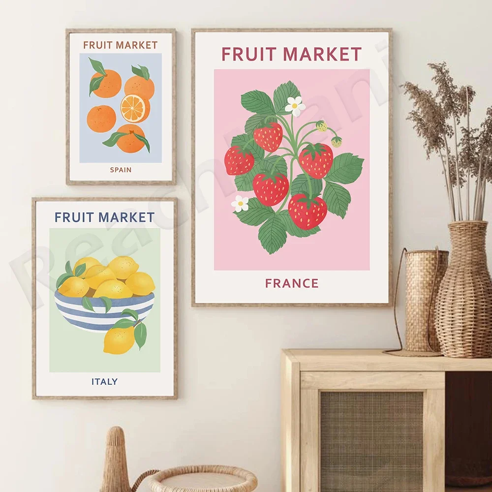 Fruit Market Print , Abstract Fruit Print, Botanical Poster, Lemon Strawberry Orange Wall Art, Colourful Wall Art