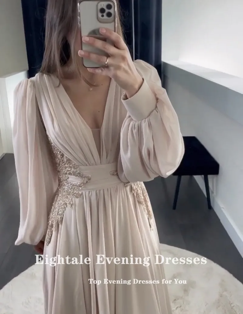 Eightale Evening Party Dress Women Elegant Luxury V-Neck Appliques Beaded Chiffon Long Sleeves Prom Gown Vestidos De Graduación