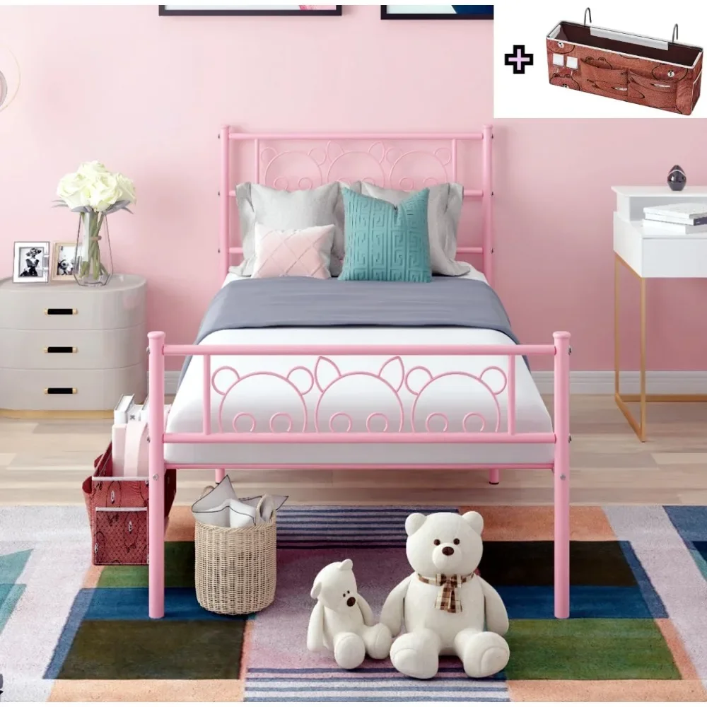 Pink Twin Bed Frames com cabeceira pendurada, armazenamento Caddy para adolescentes e adultos, bonito Twin Size Bed Frame, cabeceira