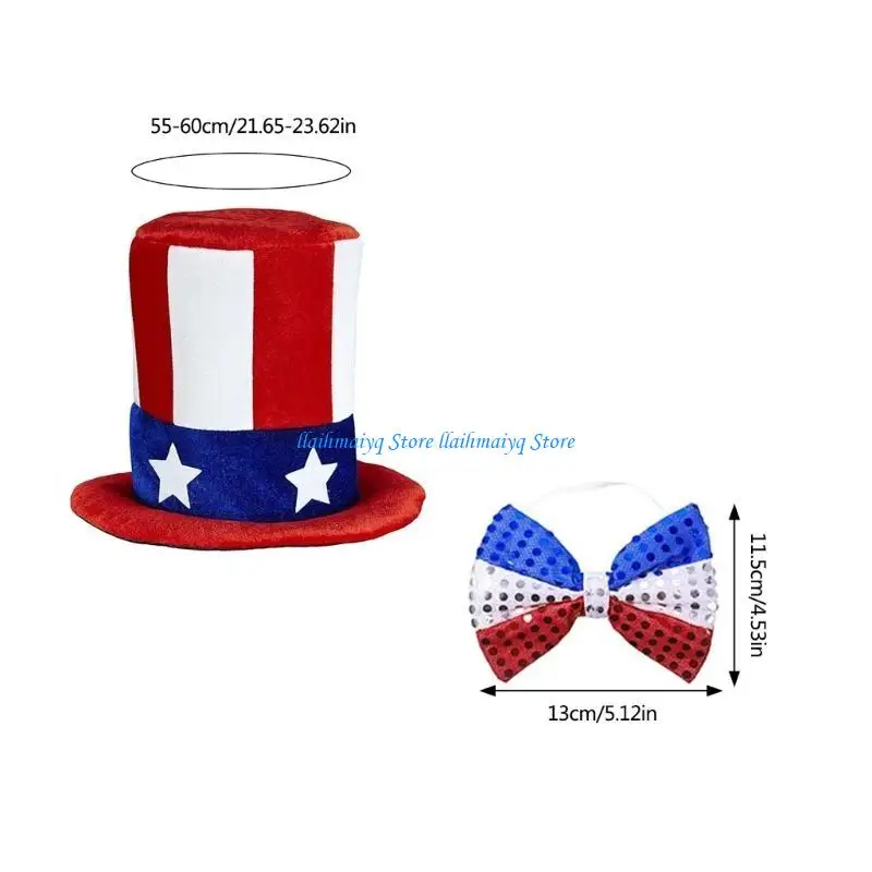 573B احتفالي يوليو 4th Stovepipe قبعة وربطة عنق مجموعة لمتجر كشك السوق ملحق عيد الاستقلال قبعة حفلة زي