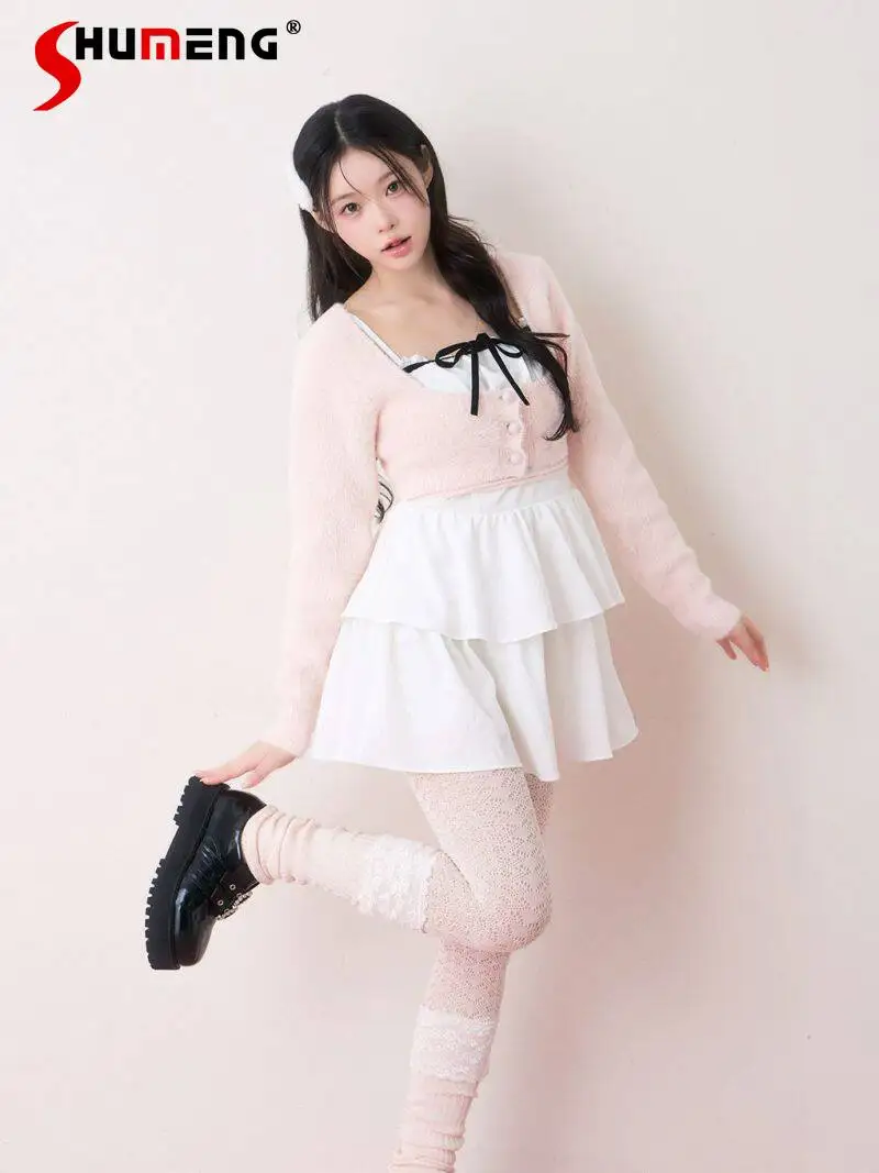 

Spring 2026 Japanese Ballet-Style Sweet Cute Long-Sleeve Knitted Tops Sleeveless Ruffled Short Dress Two-Piece Sets for Women