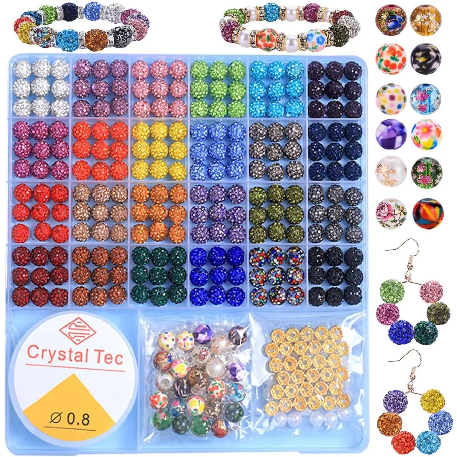 

Jewelry Making Beads Set 590 PCS 10mm Round Mixed Color Rhinestone Clay Beads with Pearl and Floral Beads for DIY Bracelets Nec