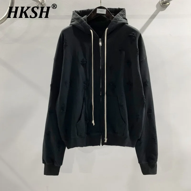 

HKSH Spring Autumn New Men's Tide Dark Cat Whiskers Damaged Zipper Hoodie Coat Fleece Zipper Punk Fashion Chic Sweatshirt HK0795