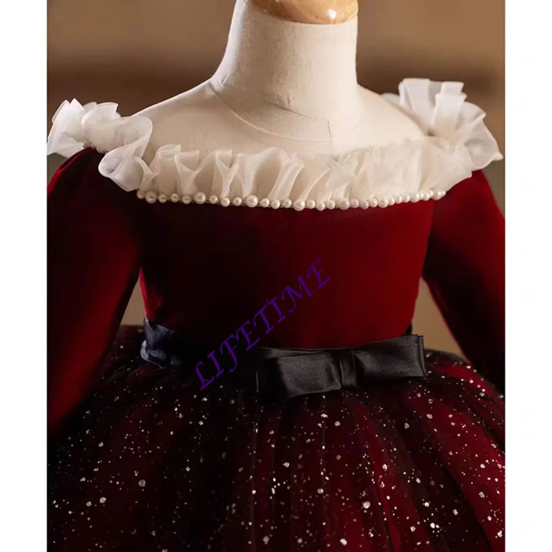 فستان فتاة عنابي أنيق مخصص بياقة صدفية وأكمام طويلة فستان الأميرة للأطفال لحفلات الزفاف وأعياد الميلاد الأولى وحفلات العطلات