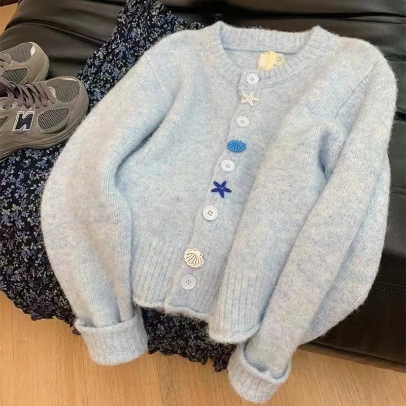 Women\'s Sweater Cute Long Sleeve Summer Y2K Open Front Cardigan Starfish Shell Button O-neck Knit Coat Milk Blue Girl\'s Outfits