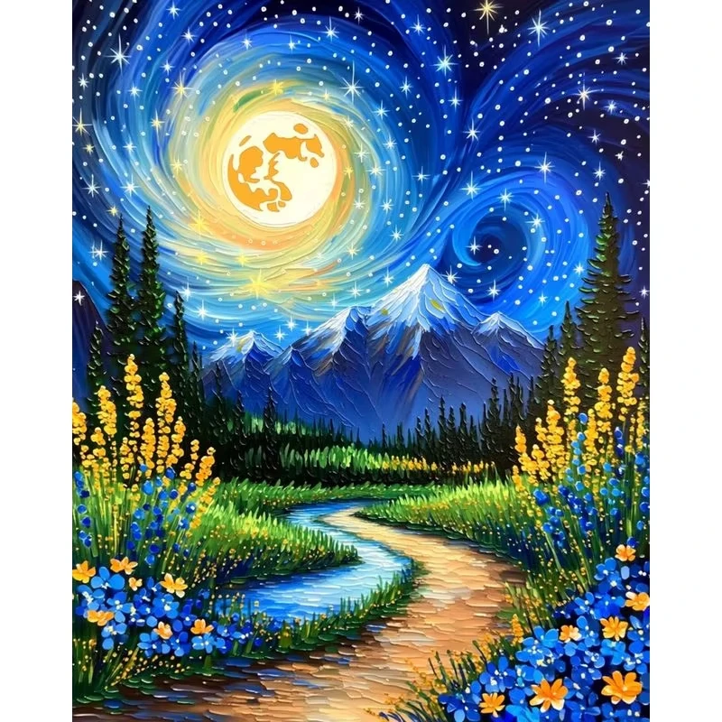 Van Gogh Style Starry Night Snow Peak Color Wildflower Scenery Diamond Painting, Modern Decoration for Living Room and Bedroom