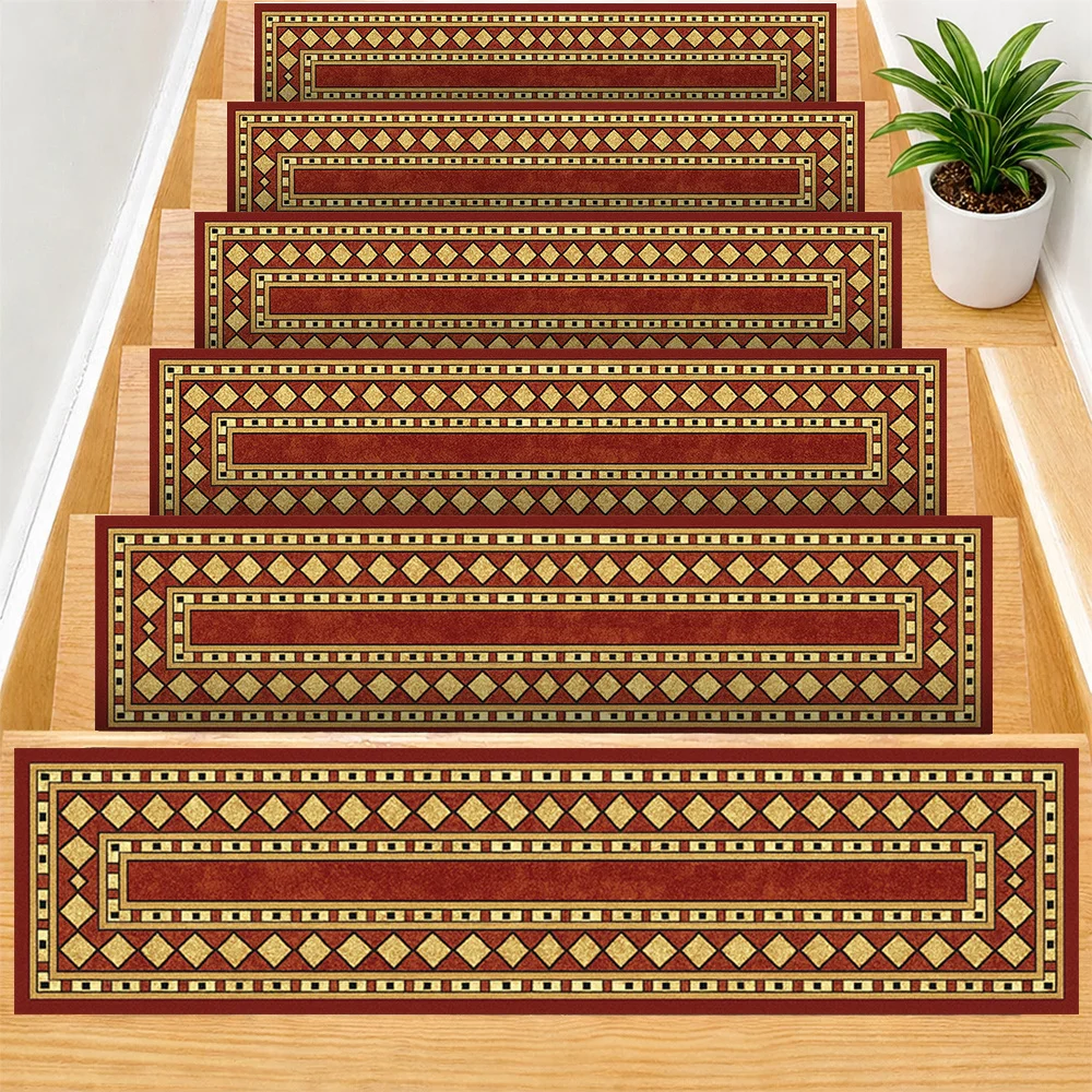 VIKAMA Stair Tread Carpet Anti-Slip Steps Pet Safety Red Classical Frame Vintage Pattern Non-Adhesive Washable Non-Greasy Mat