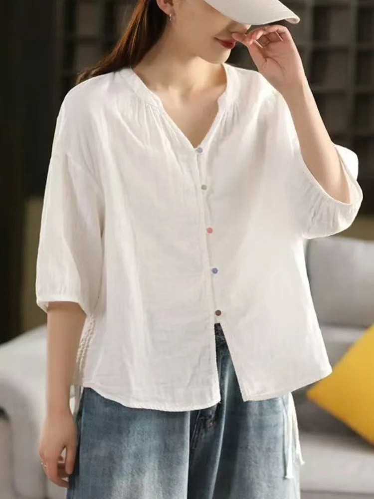 

Повседневный хлопок и лен ort Sve irt, женский летний свободный крой с V-образным вырезом на пуговицах, обычный, тонкий, чистый цвет, моющийся