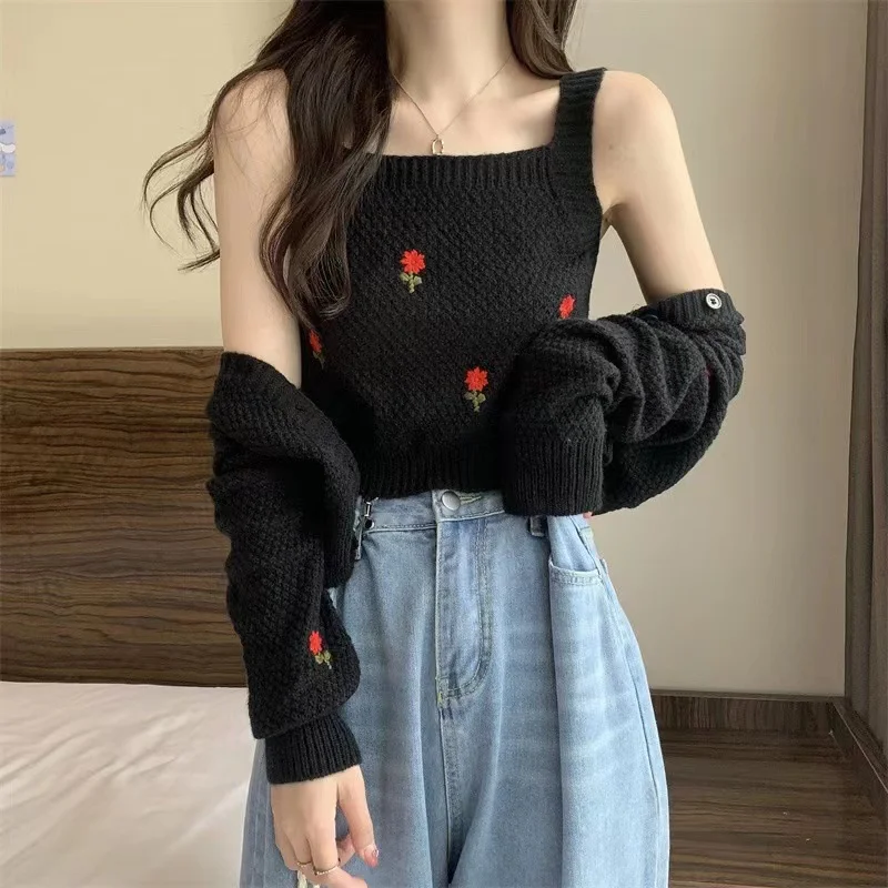 Women Set Fashion Sweet Embroidery Floral Knitwear Suit Woman V Neck Long Sleeve Cardigan + Knitted Tank Sleeveless Cropped Top