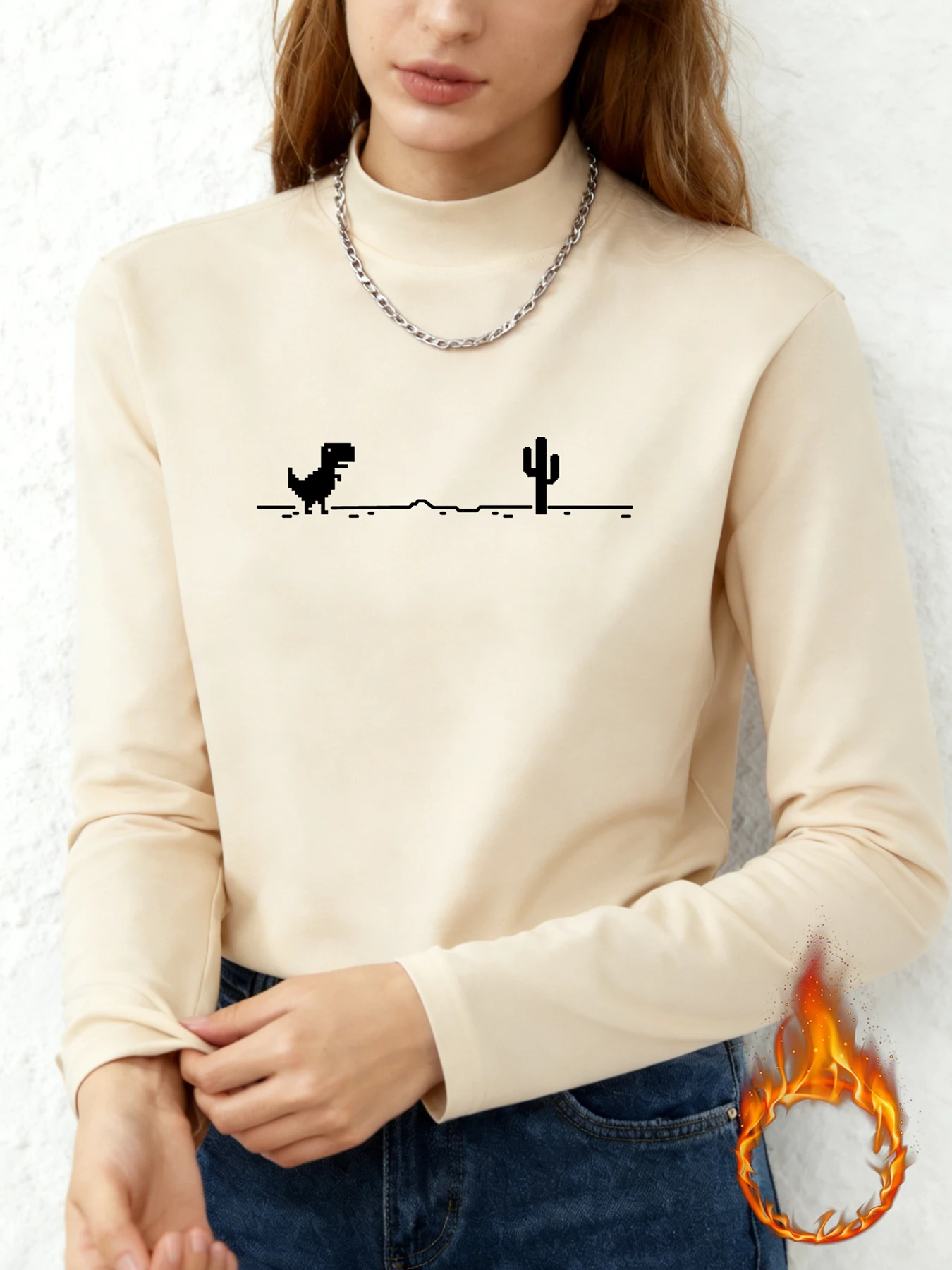 

Women Mock Neck Long Sleeve T-Shirt Pixel Dinosaur Cactus Graphic Casual Daily Apparel For Leisure Outings Street Style Tops