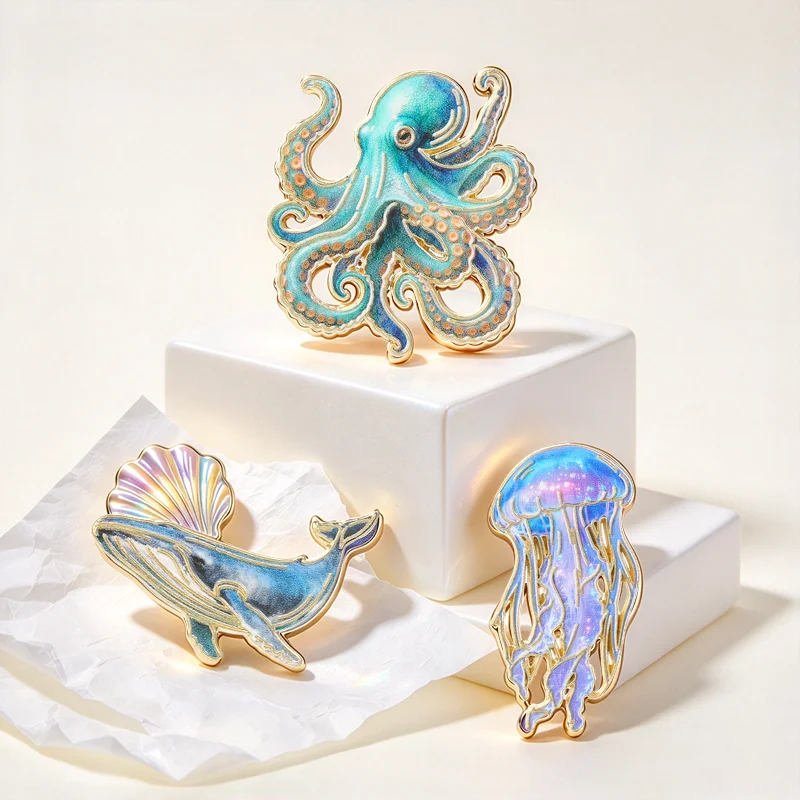 Ocean Animal Badge Octopus Jellyfish Whale UV Printing Pin Nature Cute Marine Creature Brooches Accessories Gift