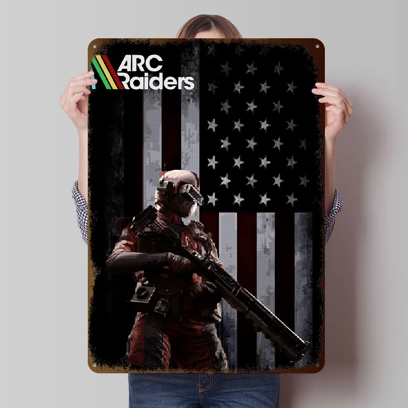 ARC Raiders Soldat mit amerikanischem Metallposter, individuelle Wandkunst, Retro-Vintage-Blechschilder für Männerhöhle, Schlafzimmerdekorationen