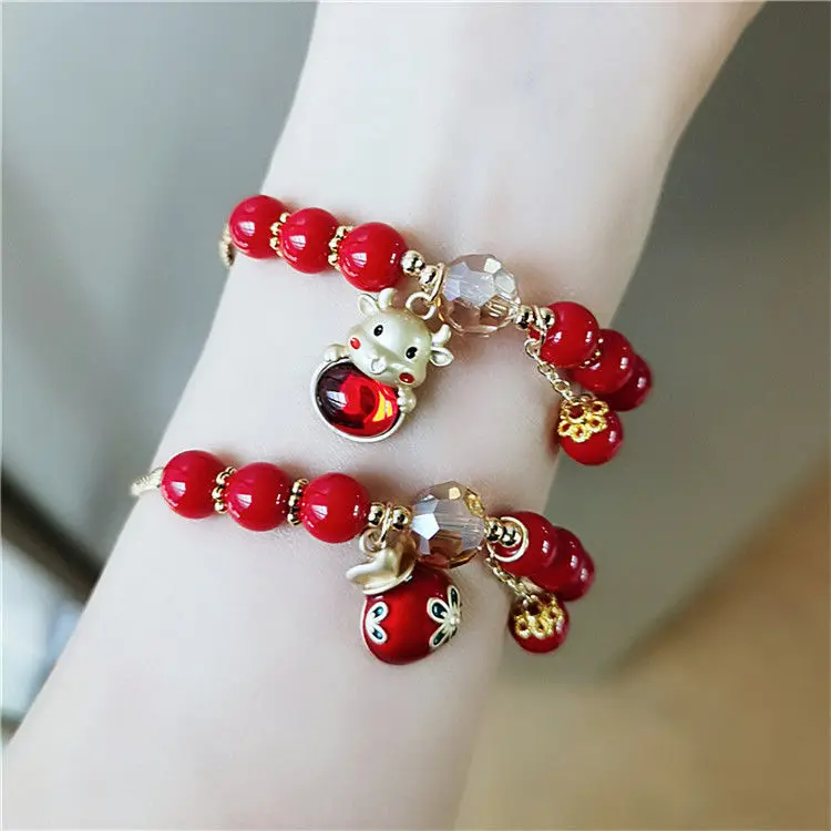 Red Stone Charms Bracelet 2021 Year of The Ox Mascot Bracelets Bring Lucky and Health Jewelry Valentine Present Gifts for Friend