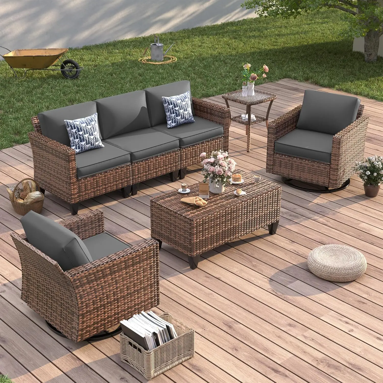 

Patio Furniture Set, 5 Pieces Outdoor Conversation Sets with Rocking Swivel Chairs, Wicker Rattan Outdoor Sofa Set with Storage