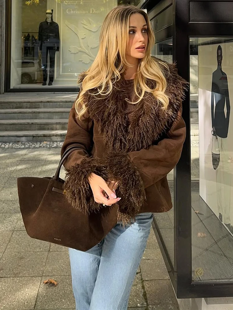 Chaquetas de piel sintética Vintage para mujer, abrigo informal de felpa con solapa abierta, prendas de vestir de calle cálidas y elegantes a la moda para otoño e invierno