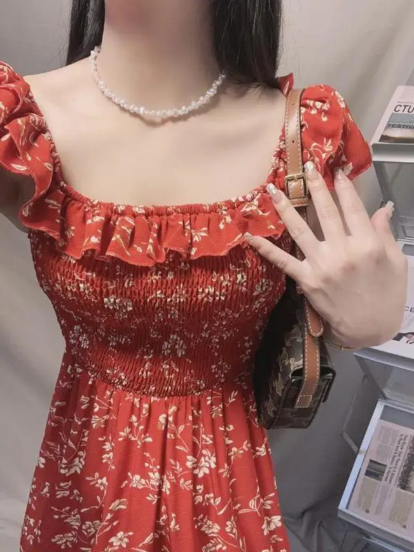 

French Passionate Red Fragmented Flower Small Flying Sleeve Square Neck Dress Summer New slim fit Waist long style DD57