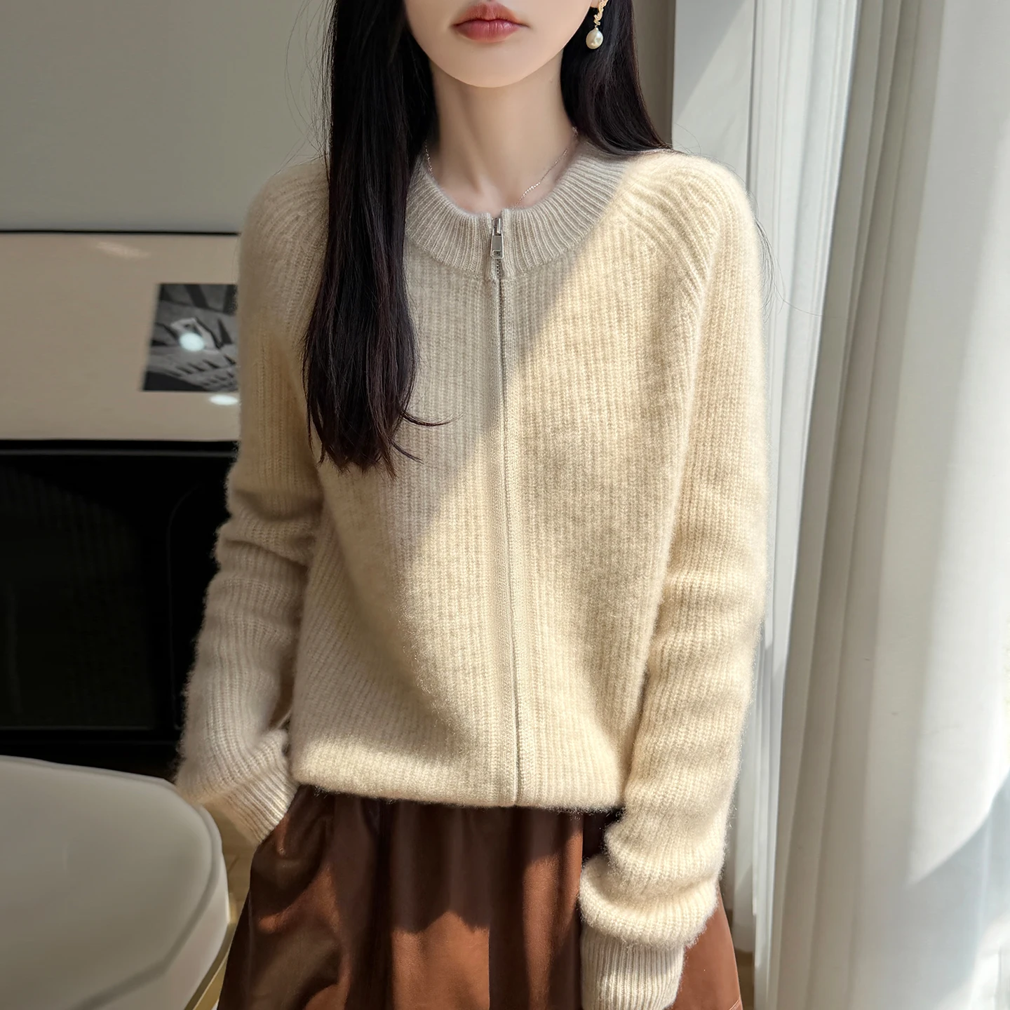 European goods solid color cardigan women's 100% wool knitwear zipper thickened cashmere sweater jacket casual long sleeves