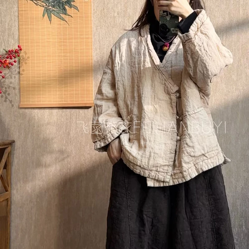 2025 New Arrival Winter Women Loose Casual Single Breasted Long Sleeves Cotton Linen Parkas O-neck Warm Thickened Coats F228
