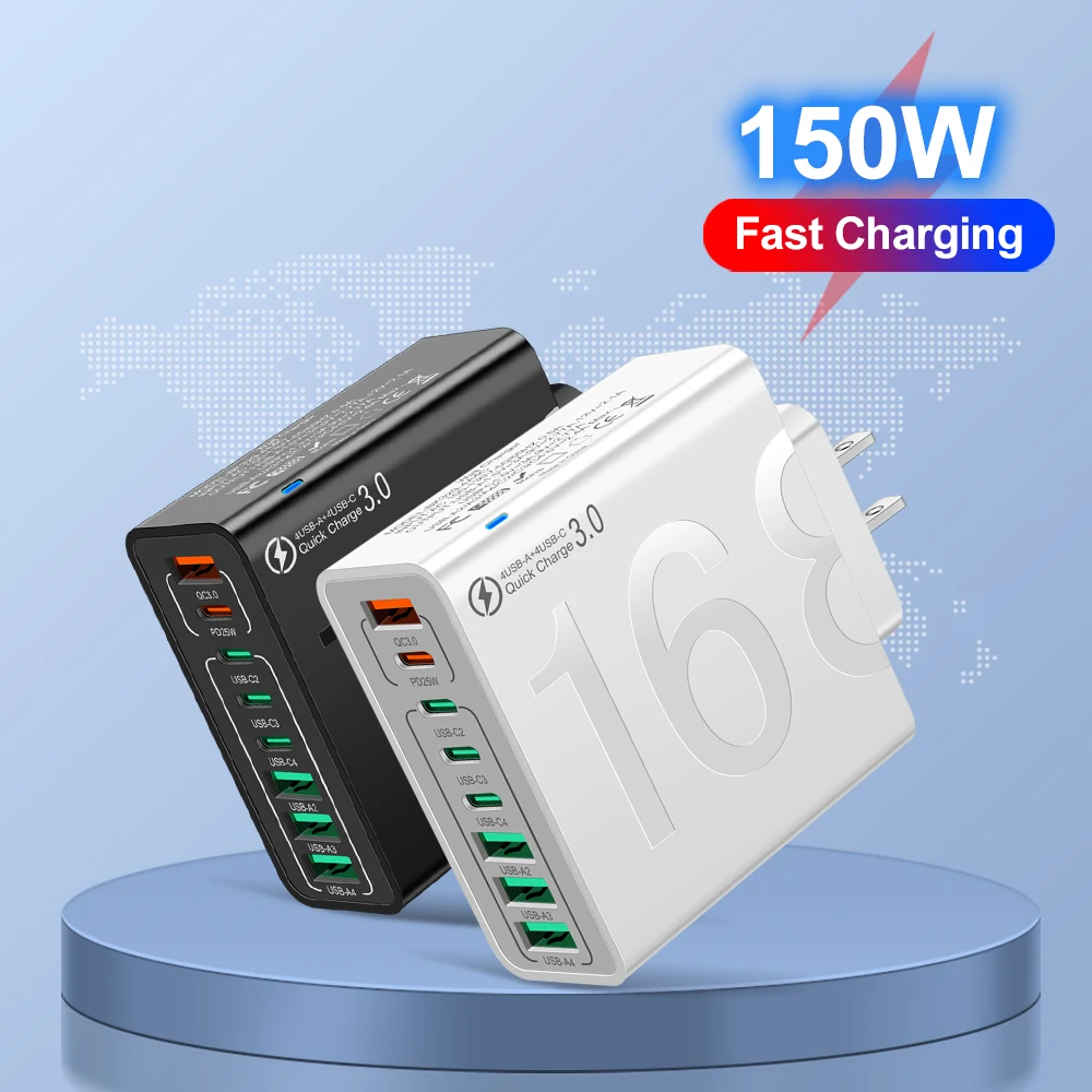 USB Charger Total 150W PD Type C Fast Charging Adapter Mobile Phone EU/US/KR Plug For Xiaomi iPhone Samsung Huawei Quick Charger