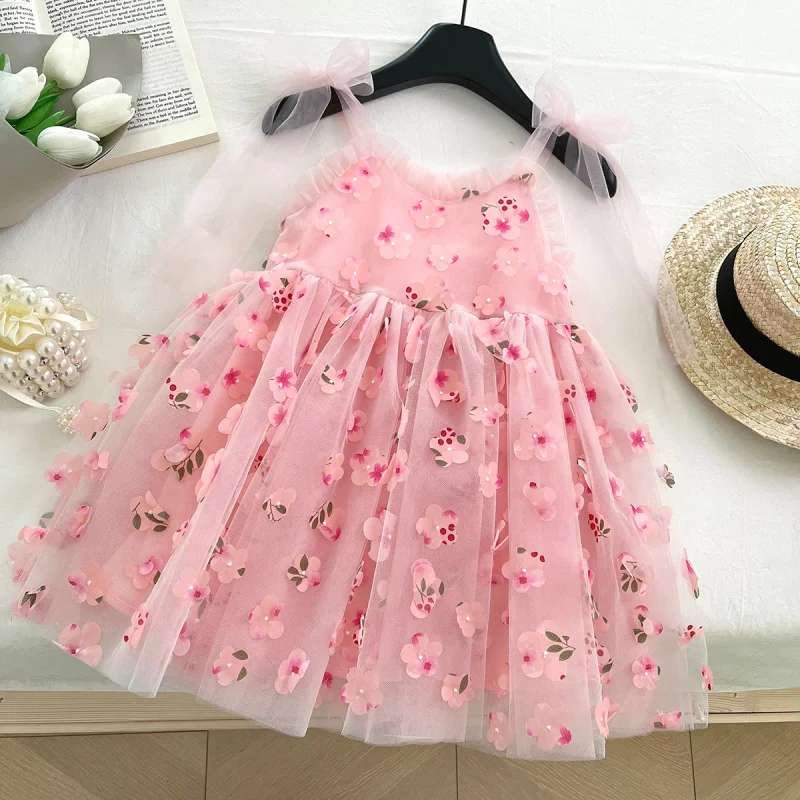 

2025Summer Girls' Fairy-like Mesh Dress New Fashionable Strap Flower Sweet Princess Dress