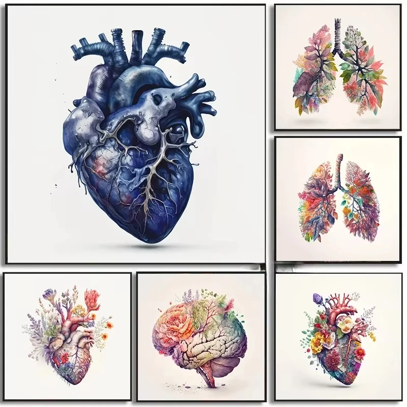 Watercolor Flowers Anatomical Heart Brain Lungs Poster Canvas Painting Prints Wall Art Pictures for Living Bedroom Home Decor