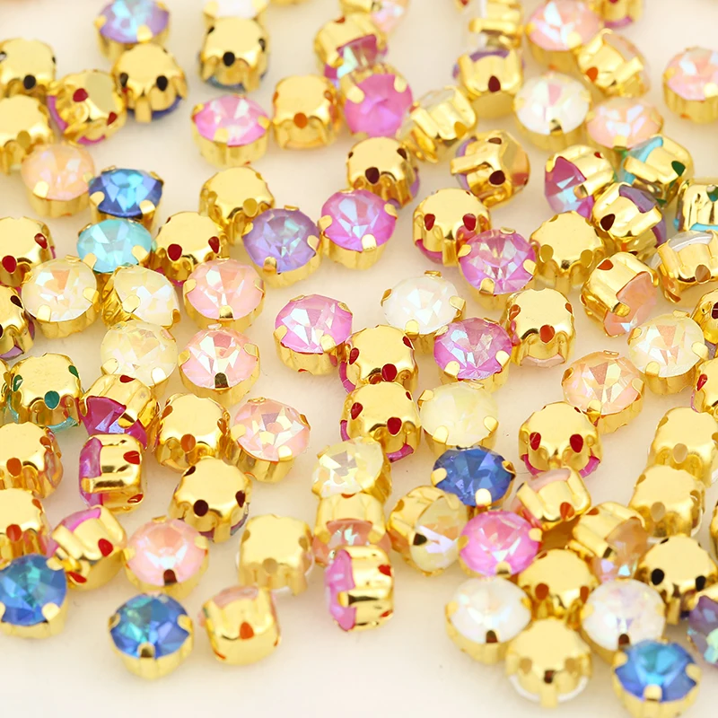 PEESOM 5/6mm 100pcs Mocha Color Series Sew On Round Rhinestone Gold Settings Flatback Glass Rhinestone for Sewing Accessories