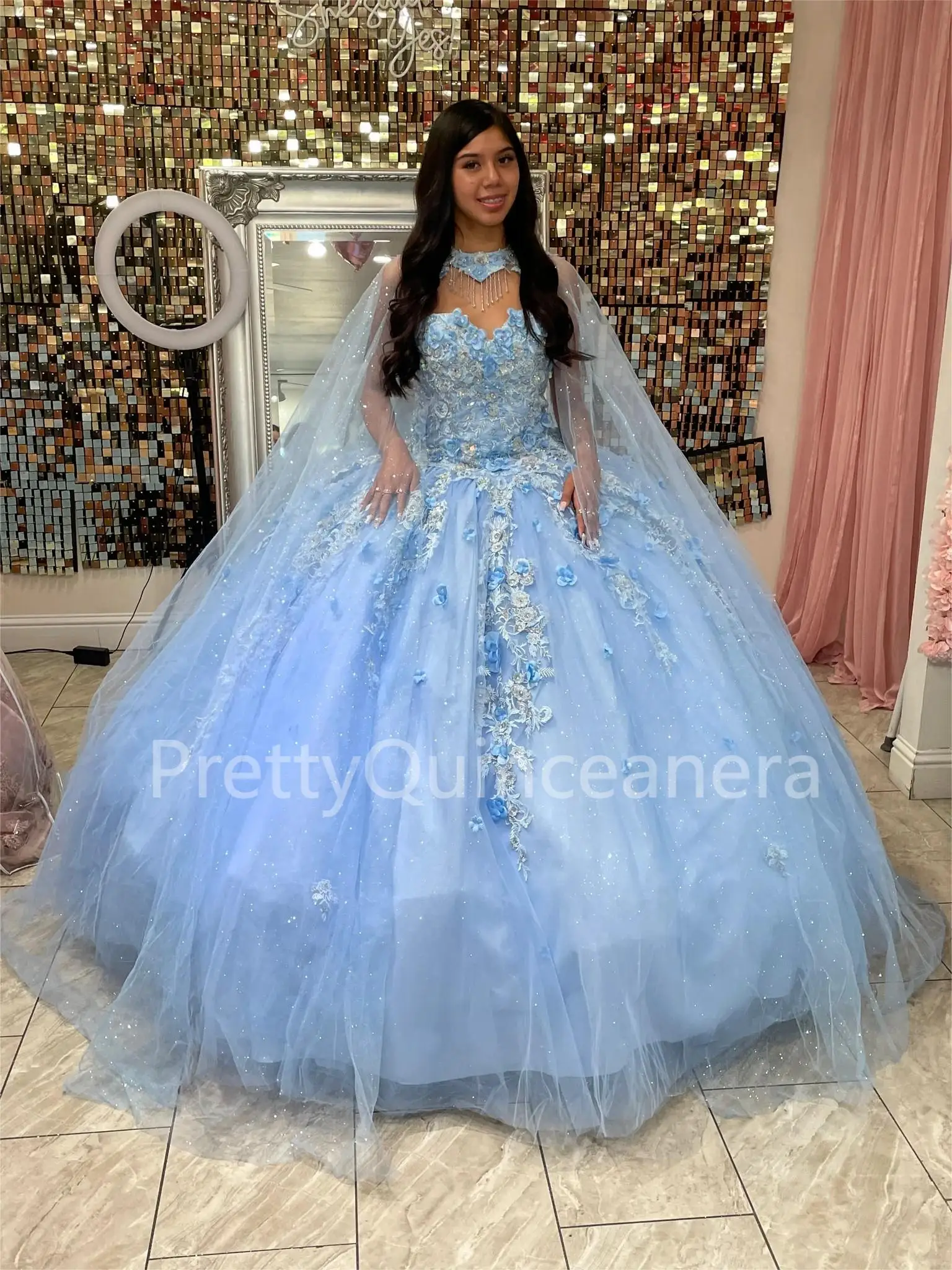 Sky Blue Sweetheart Neckline Handmade Flowers Quinceanera Gown Glitter Tulle Sweet Sixteen Dress with Cape