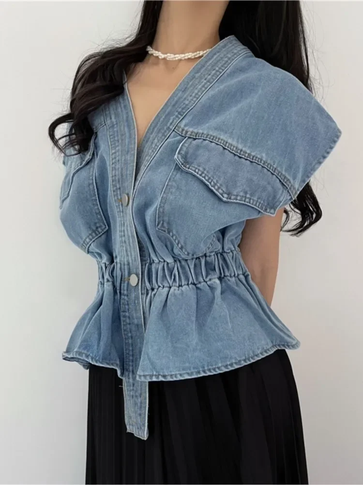 Double Pockets Denim Vest Coat 2024 Spring Summer V-neck Jackets Sleeveless Jacket Single Breasted Coats Tunic Ropa Mujer