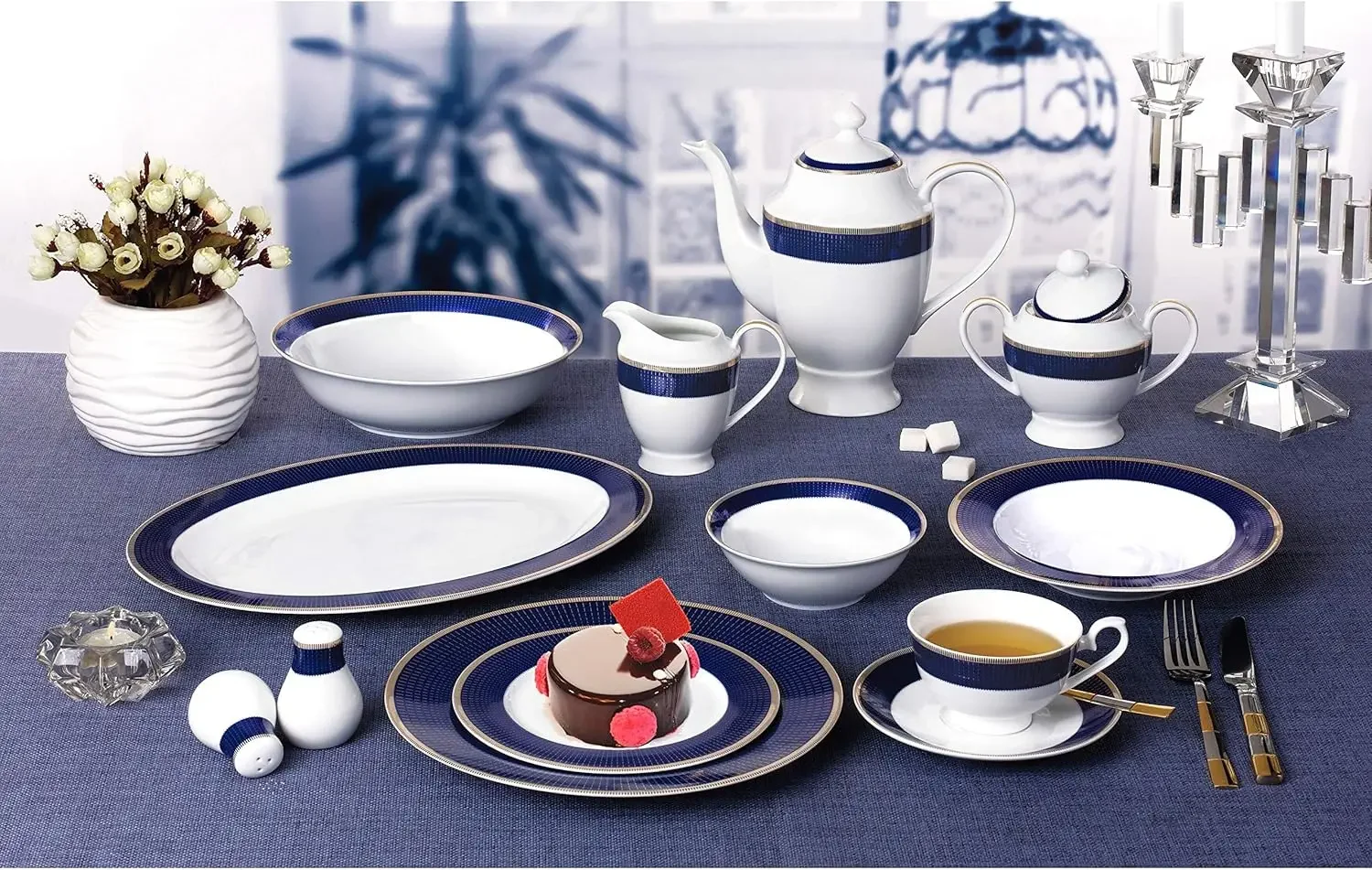 57-Piece Bone China Dinnerware Set - Midnight Gold Banded Formal Modern Contemporary Round Porcelain 57 Piece Dishwasher Safe