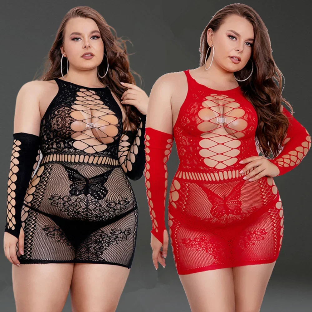 فستان أحمر قصير مع قفازات منظور مثير زي النساء الملابس الداخلية فساتين نسائية جوفاء مثير الملابس الداخلية المثيرة ملابس داخلية حريمي