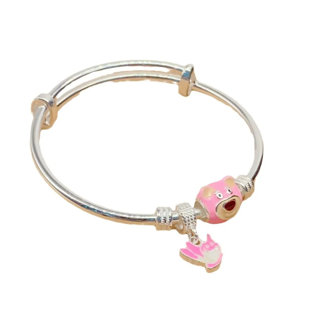 

Silver 999.9 Enamel Strawberry Bear Middle Child Bracelet Fashion Bracelet Open Bracelet