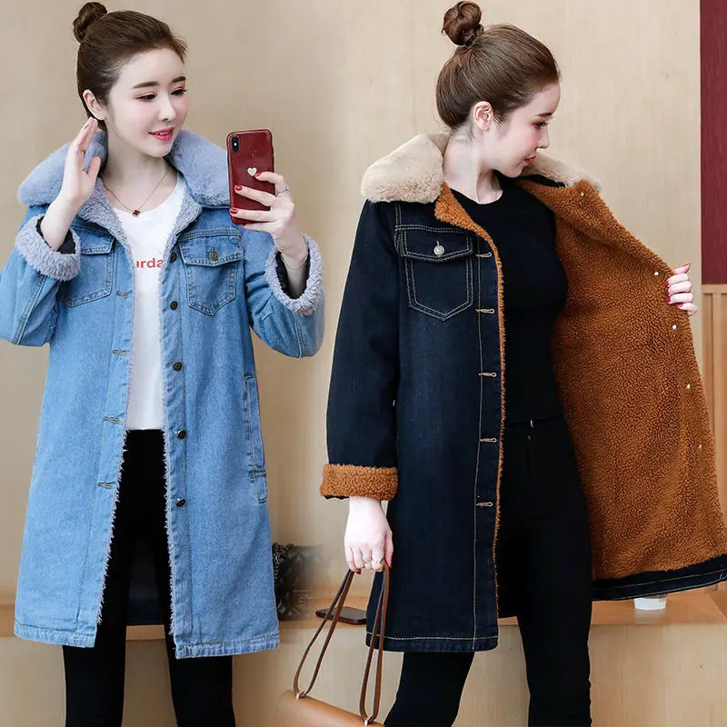 

NicePop Autumn Winter Faux Lamb Fleece Denim Jacket Women Thicken Warm Coat Parkas Cowboy Jackets Med Long Jean Outerwear Female