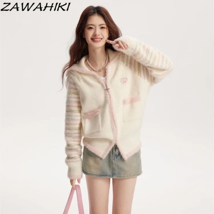 Knitted Cardigan Top Striped Patchwork Sweater Women Jumpers Pocket Design Love Embroidery Ropa Mujer Korean Fashion Coat Female