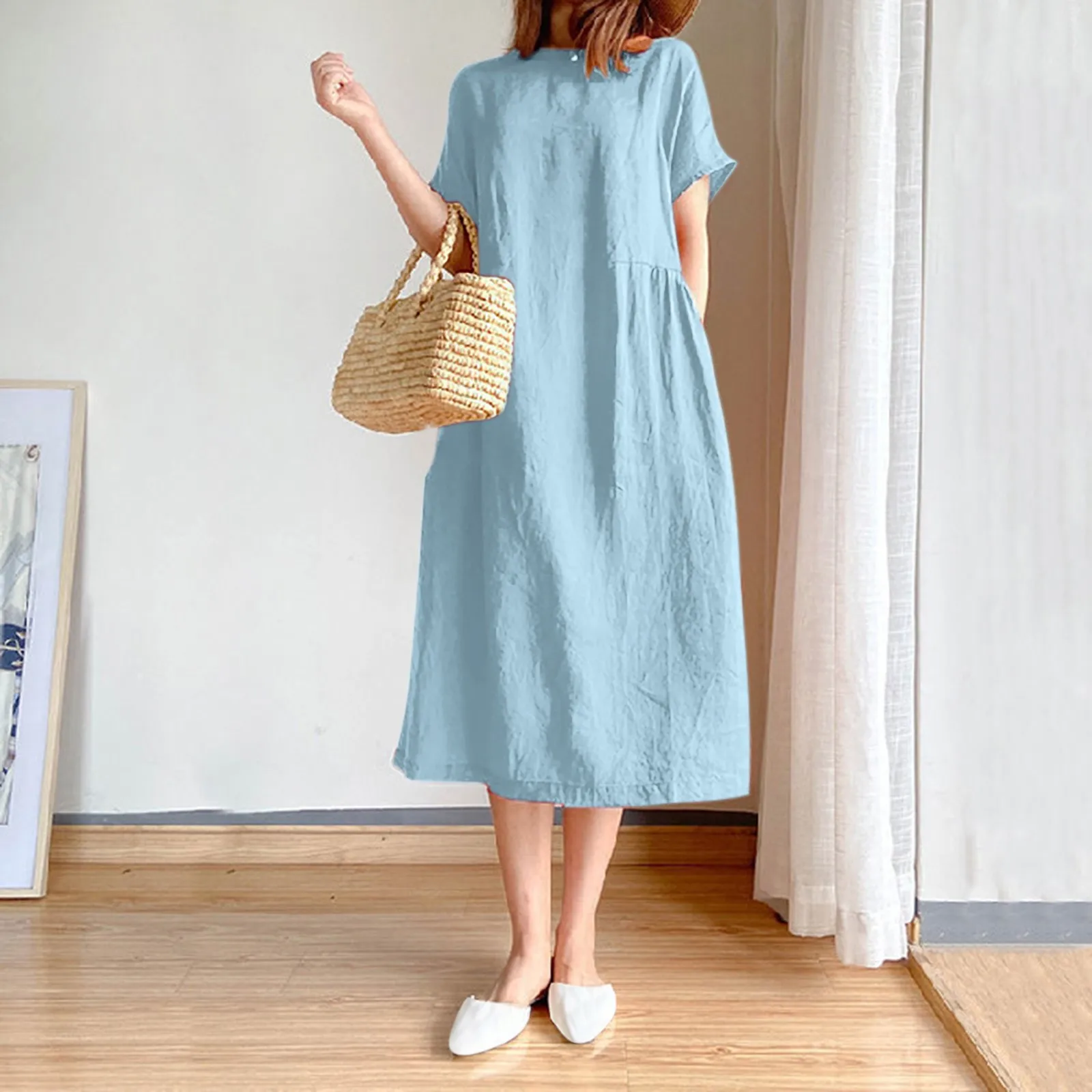 

Women's Slim Fit Round Neck Short Sleeve Solid Color Loose Fitting Slimming Mid Length 2024 Summer Loose And Comfortable Dress