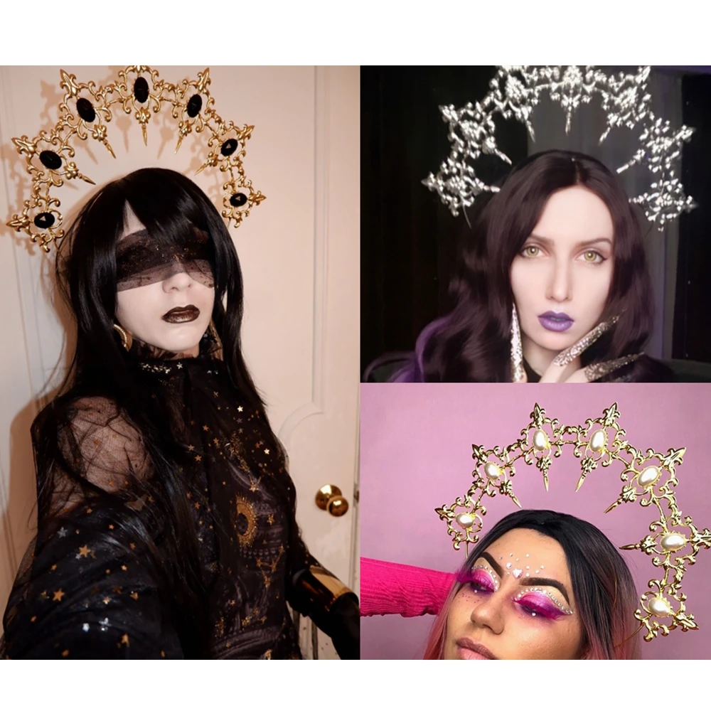 Halo Krone Stirnband Barock Lolita Gothic Kreuz Kopfschmuck Frauen Mädchen Jungfrau Maria Diadema Tiaras Kopf Tragen Zubehör