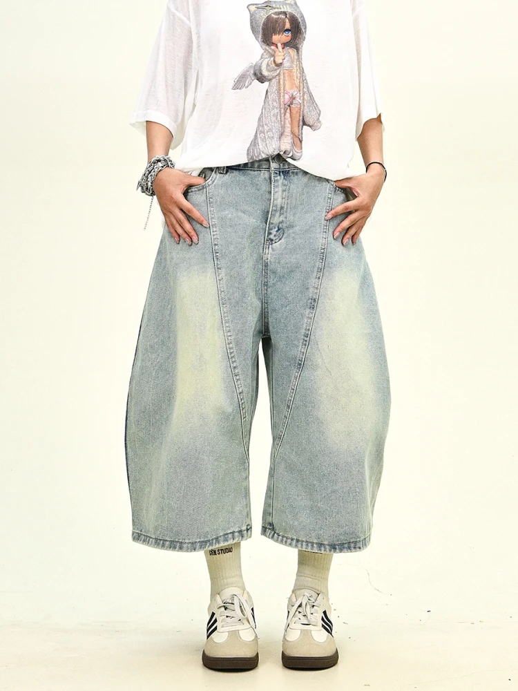 

Американские уличные широкие джинсы с оверсайз на талии и вышивкой в стиле ретро, повседневные свободные утягивающие брюки на семи футов для женщин