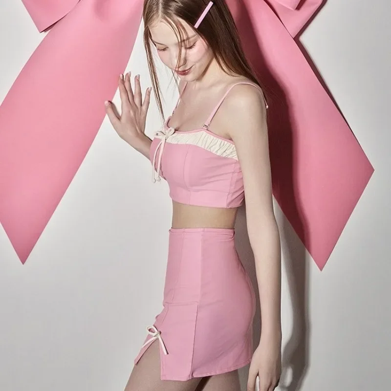 Neue Korea Stil 3-teiliges Set Badeanzug Frauen Bademode Sexy Rosa Bandeau Bikini Hohe Taille Röcke Strand Tragen Bowtie Badeanzug