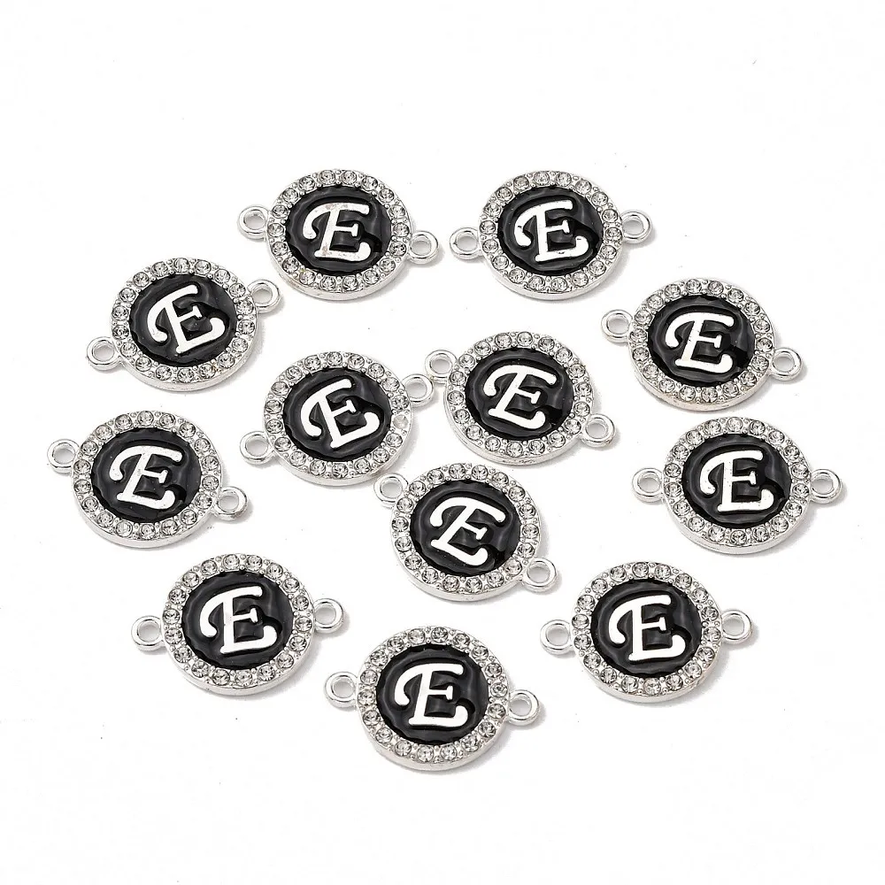 100pc Metal Enamel Links Connectors with Crystal Rhinestones Flat Round with Letter Silver Color Plated Letter for DIY Jewelry