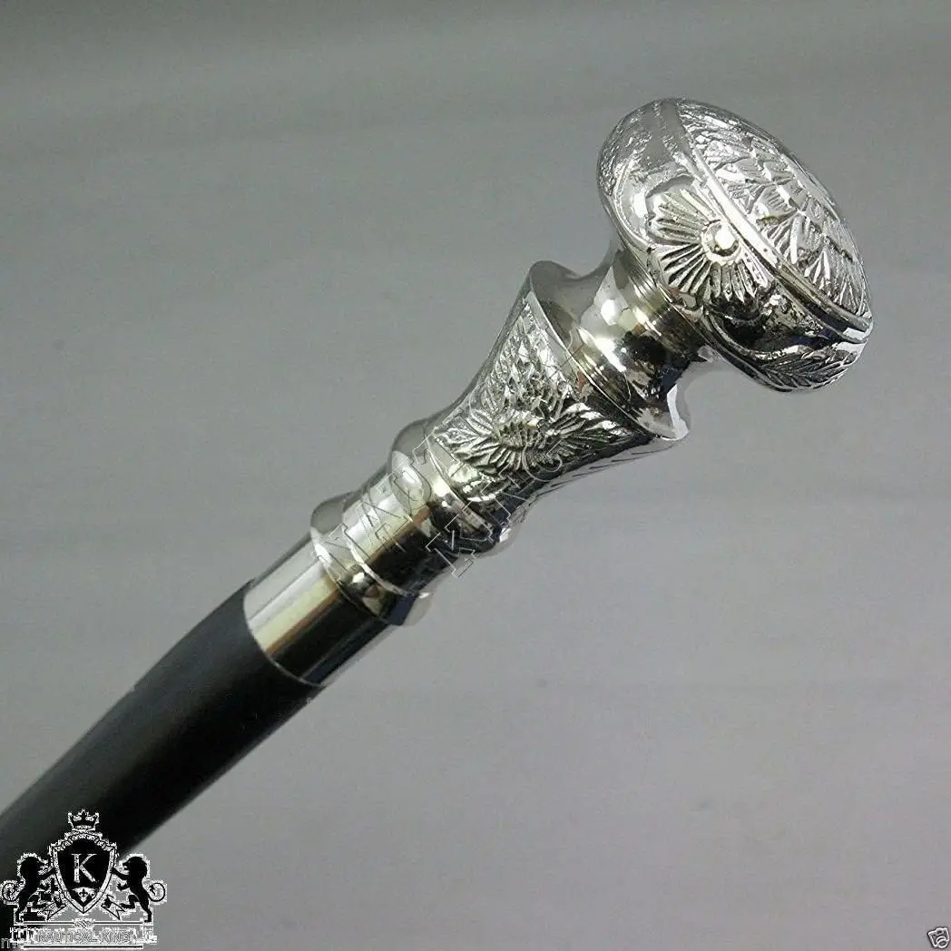 

Vintage Wooden Walking Cane with Silver Brass Handle, Antique Style Gift for Men and Women