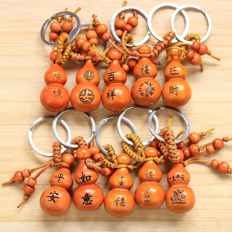 

Wholesale carving auspicious Fulu mahogany gourd key chain safe gourd wooden key pendant