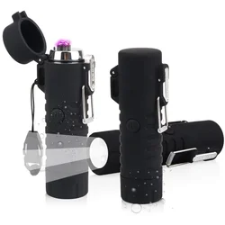 Waterproof USB Double Arc Lighter with LED Flashlight Rechargeable Cigarette Lighter for Outdoor Camping Hiking Birthday Gift