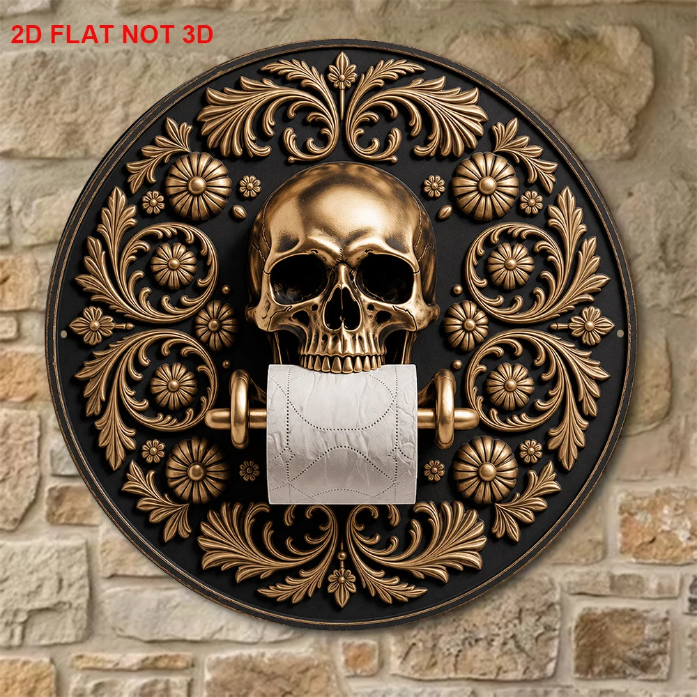 2D Flat, 1pc 8 X 8 Inches/20 X 20 Cm Round Sign, Vintage Decorative Plaque Featuring Skull And Toilet Paper, Gothic Skull-Themed