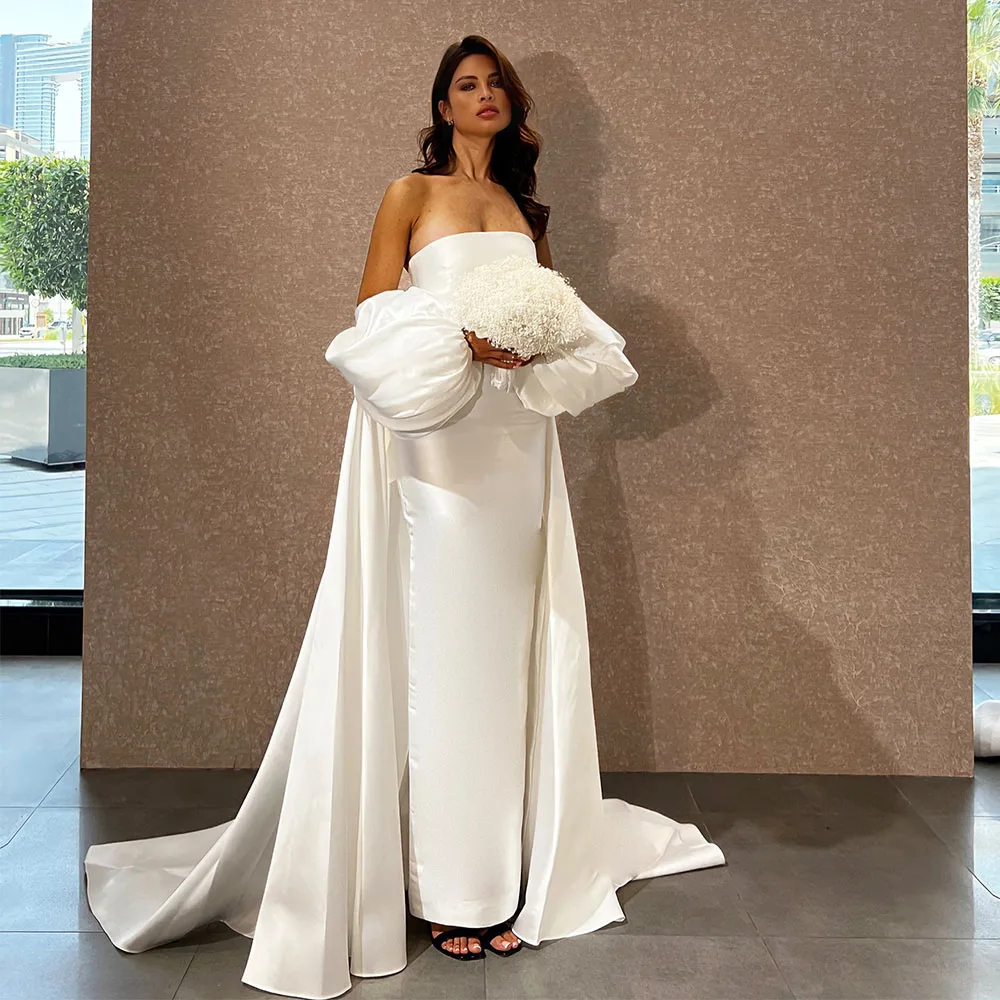 Modern Wedding Dress with Wrap Puffy Sleeves Strapless Column Wedding Gowns Maxi Ankle Length Backless Elegant Bridal Dress 2025