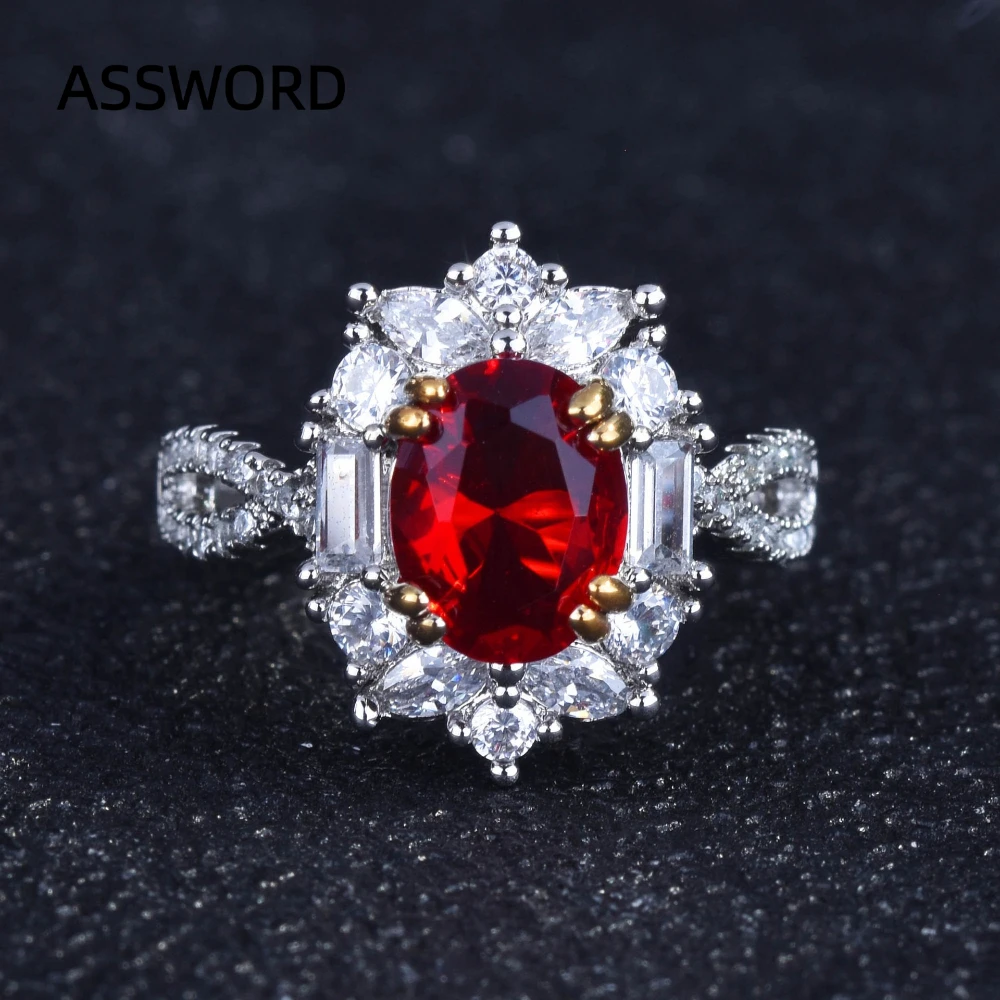 925 Sterling Silver Oval Red CZ Halo Ring for Women Multi Shape Surround Zircon Cubic Zircon Wedding Statement Fine Jewelry Gift